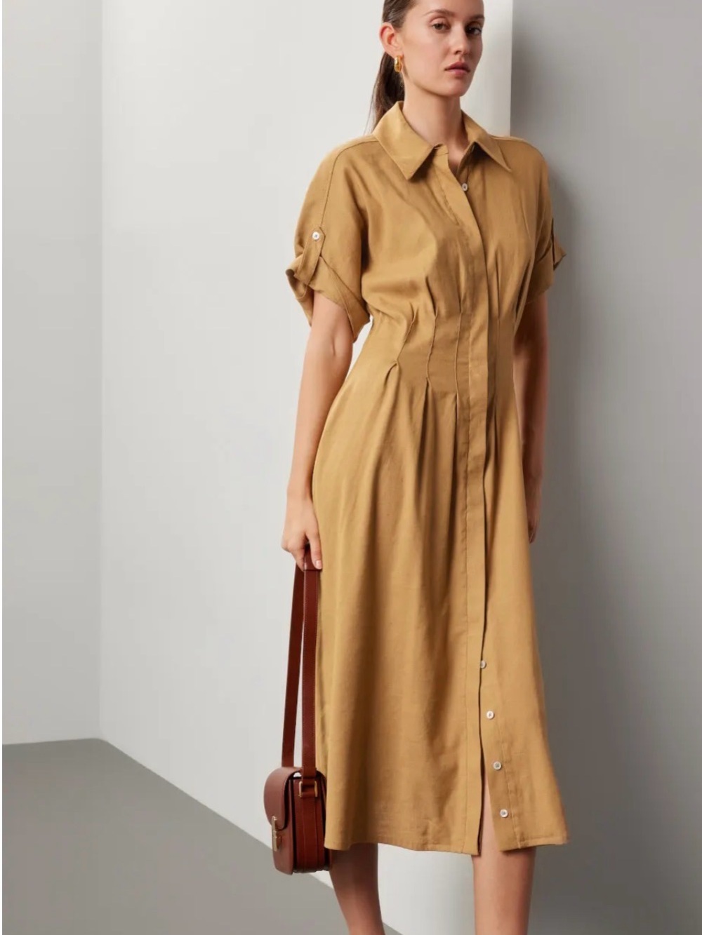 Veronica Beard Adavi Dress 14 Desert Khaki Linen Midi Shirt Dress